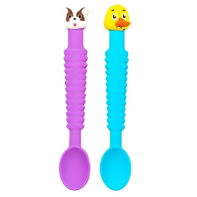 3-in-1 Silicone Baby Spoon Self Feeding 6+ Months - Pediatric OT Designed Teether Spoon, BPA Free Toddler Utensils, Mess-Free, Fun for Baby Led Weaning Supplies, Dog & Duck