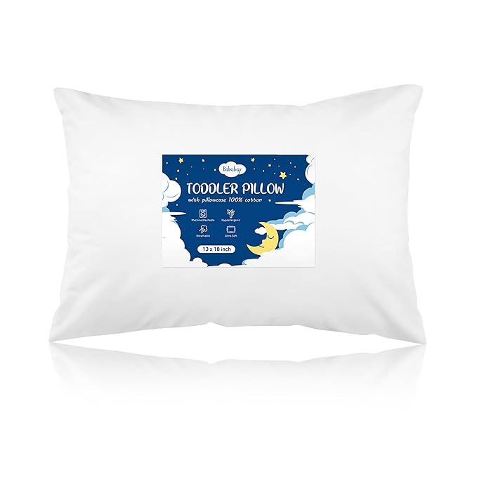 Babebay Toddler Pillow,13X18 Soft Toddler Pillows for Sleeping, Machine Washable Kids Pillow with Cotton Pillowcase, Perfect for Travel (White)