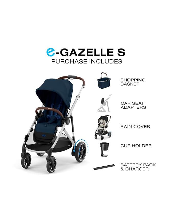 Cybex e-Gazelle S Electronic Assist Stroller – Gazelle S Single-to-Double Electric Stroller, Smart Assist, Rocking Mode, 20+ Configurations & Compact Fold, Silver Frame with Ocean Blue Seat