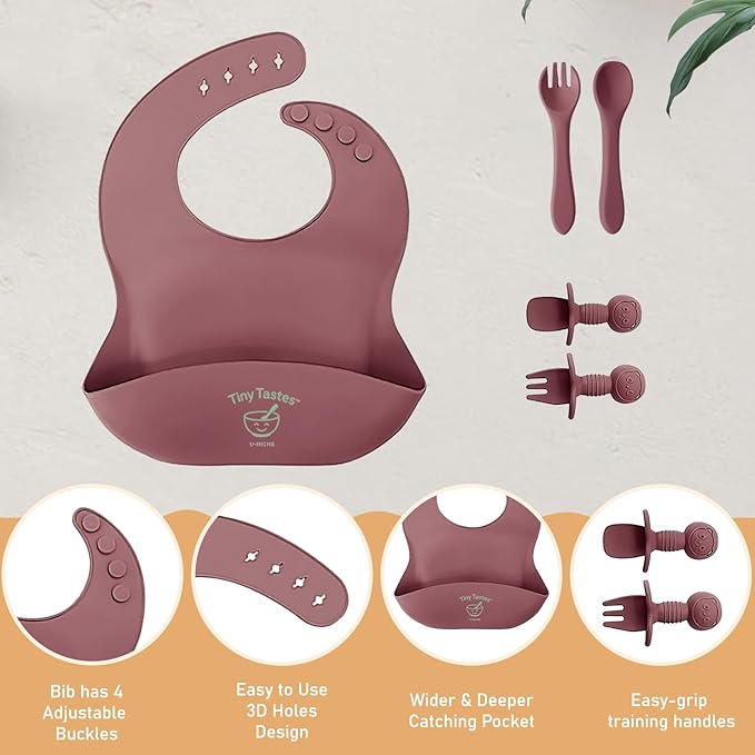 10-Piece Silicone Baby Feeding Set – BPA-Free, Spill-Proof Suction Plate, Bowl, Bib, Snack Cup & Utensils | Dishwasher Safe, Baby Gift Ready (Dark Pink)