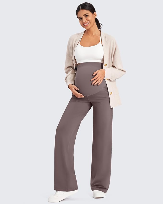 G4Free Fleece Lined Maternity Yoga Pants Over The Belly Stretchy Wide Leg Warm Pregnancy Work Trousers with Pockets