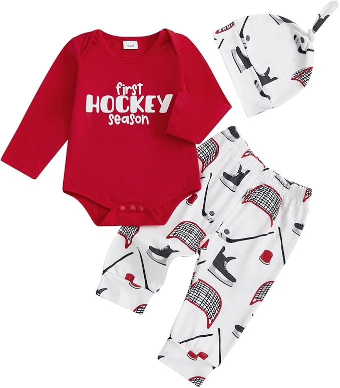 Baby Boy Hockey Outfit New Player in Town Long Sleeve Romper Long Pants Hat Set 3Pcs Newborn Fall Winter Clothes