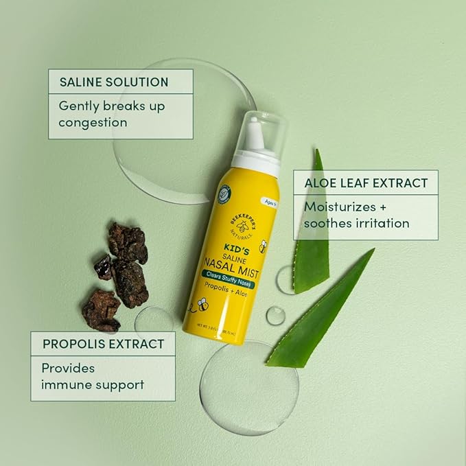 Kids' Saline Nasal Mist by Beekeeper's Naturals, Clears Stuff Noses, Nasal Spray for Kids 1+ w/ Saline, Aloe & Propolis, 3 fl oz