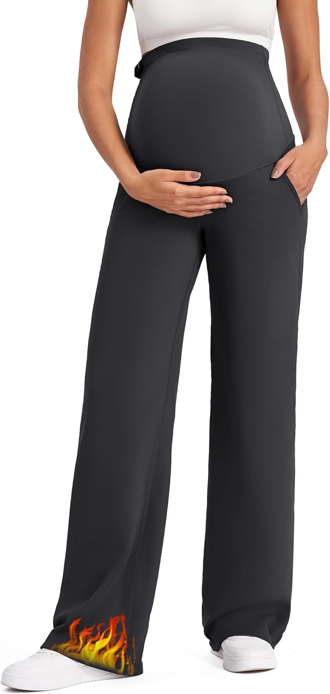 G4Free Fleece Lined Maternity Yoga Pants Over The Belly Stretchy Wide Leg Warm Pregnancy Work Trousers with Pockets