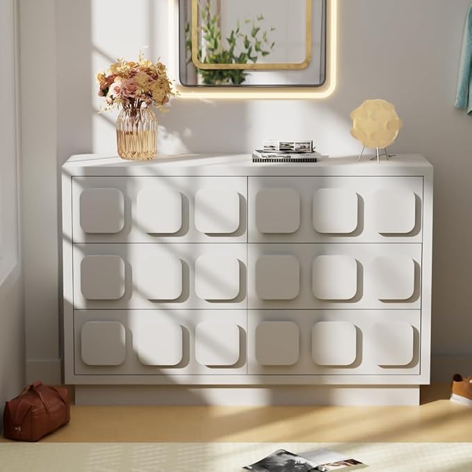 Anbuy White Baby Dresser for Bedroom, Dresser for Baby with 6 Drawers, Storage and Organization Unit with Square Handles for Nursery, Kids Bedroom