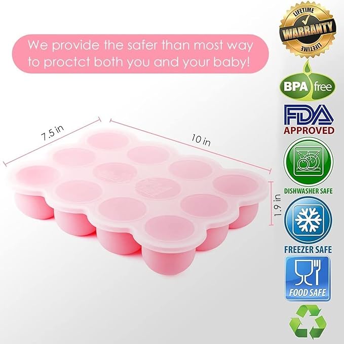 Samuelworld Baby Breast Milk and Food Storage Container, 12 Portions x 2.5oz, Stackable Food Grade Silicone Tray with Clip-On Hard Lid for Homemade Purees, Vegetables & Fruits - Pink