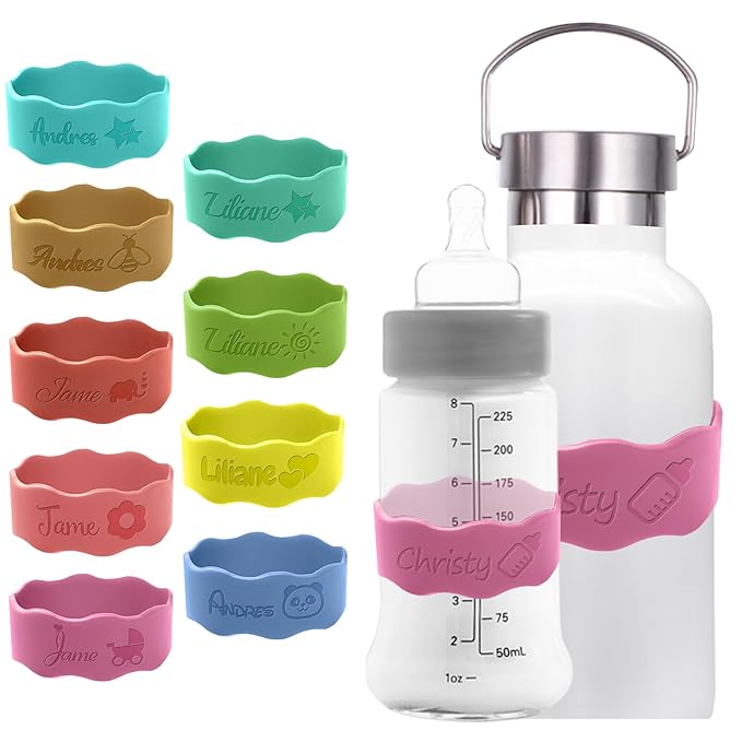 Personalized Baby Bottle Labels for Daycare Custom Water Bottle Name Bands Customized Engraved Silicone Baby Reusable Bottle Straps Labels for Cups School-Pink
