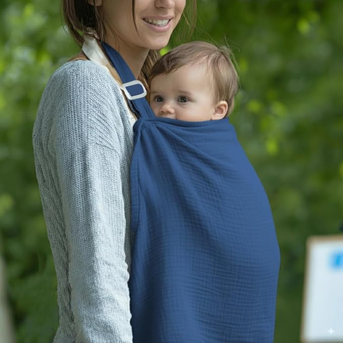 Muslin Nursing Covers for Breastfeeding, Arch Neckline Breast Feeding Covers for Women, Moms Privacy Breathable Summer Nursing Apron, 43.3" x 25.6" Soft Feeding Cover (Misty Blue)