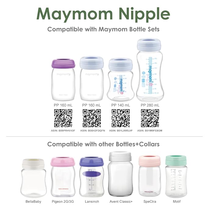 Maymom Wide-Mouth Milk Storage Feeding Collection Bottle with Nipple, Dome Cap, Bottle Top, SureSeal Sealing Disk; Compatible with Spectra Pump/Motif Luna; 5 pc (4.7Oz/140mL)