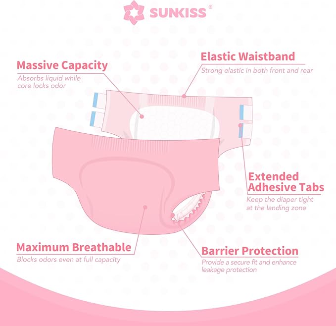 SUNKISS Masterpiece Adult Diapers with Tabs, Unisex Disposable Incontinence Briefs for Women and Men, Odor Control, Pink, Small/Medium, Previously Medium,10 Count
