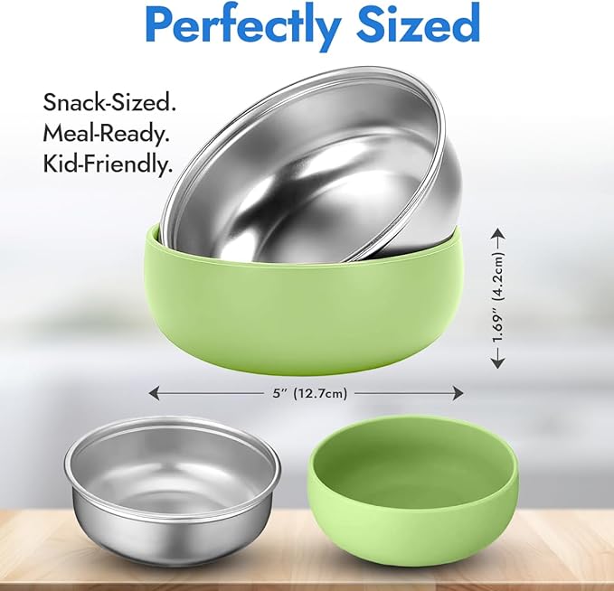 4 Pack Stainless Steel Bowls for Kids - BPA-Free 5" Baby Bowls with Removable Silicone Base - Non-Slip Toddler Bowls for Snacks & Meals (Bright Colors)