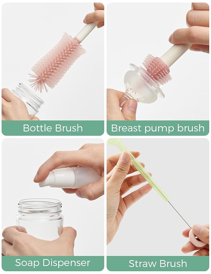 Momcozy Baby Bottle Brush Set, Cleaner Kit with Silicone Nipple Straw Brush, Soap Dispenser, Drying Rack - 7 in 1 Bottle Cleaning Tool for Home and Travel, Pink