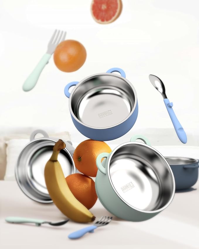 Toddler Feeding Suction Bowls and Utensils Set, 2-in-1 Stainless Steel 304 Kids Bowl & Silicone Suction Baby Bowl with Spoons and Forks, First Self-feeding Training Set, Ocean Explorer