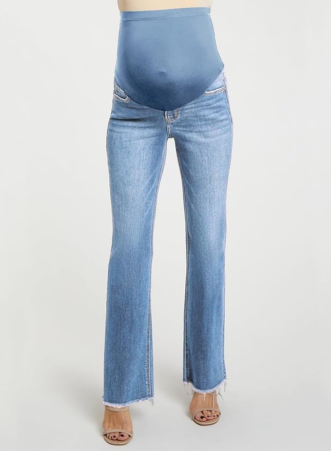 BLENCOT Maternity Jeans for Women Over Belly Pregnancy Pants Comfy Pregnant Jeans Flare Denim Jeans with Pockets