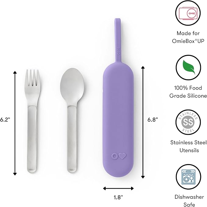 Omie OmieBox Travel Utensil Set | Fork and Spoon with Case for Easy Travel | Stainless Steel Fork and Spoon (Purple)