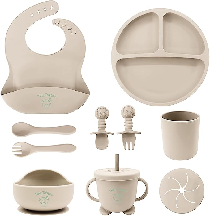 10-Piece Silicone Baby Feeding Set – BPA-Free, Spill-Proof Suction Plate, Bowl, Bib, Snack Cup & Utensils | Dishwasher Safe, Baby Gift Ready (Beige)