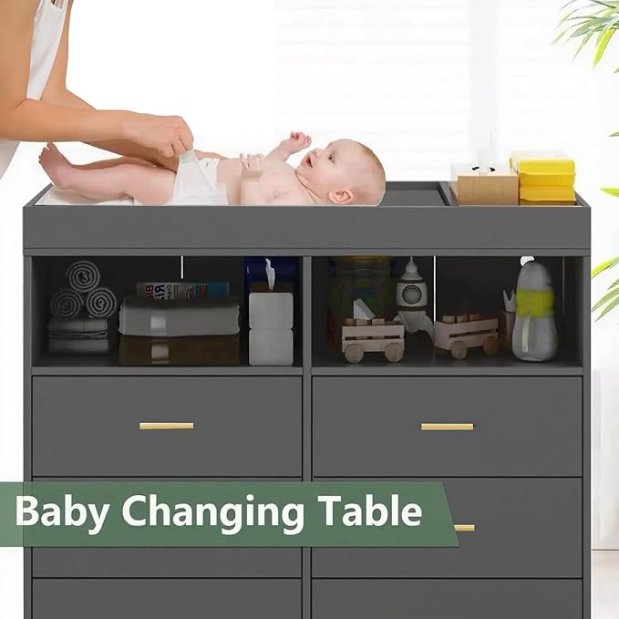 GarveeHome Dresser for Bedroom with 6 Drawers, Baby Changing Table Dresser with Changing Pad, LED Lights & Charging Station, Baby Changing Station with Changing Table Top