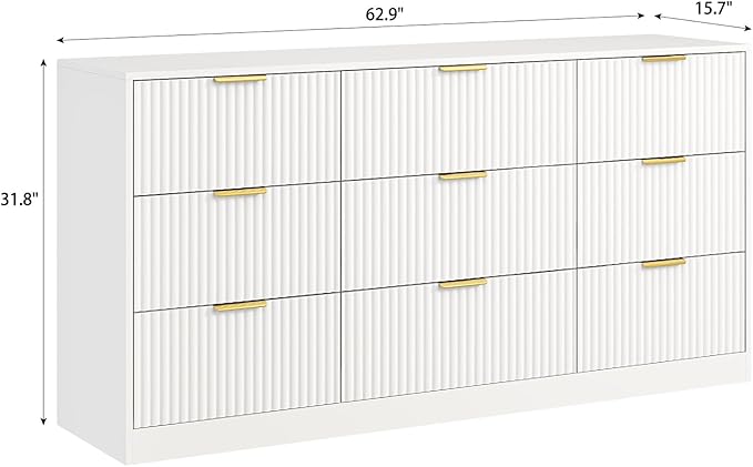 9 Drawer Dresser for Bedroom with Deep Drawers, 63" Wide Wood Dresser, Large Floor Chest of Drawers, Modern Long TV Stand, Storage Cabinet Side Table, White