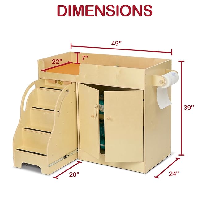 Monläurd® 100% Birch Baby Changing Table with Stairs & Storage, Montessori Toddler Diaper Changing Station, Safe Nursery Furniture for Daycare & Home