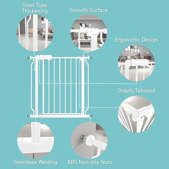 WAOWAO Baby Gate 57.48-62.17" Extra Wide Pressure Mounted Walk Through Swing Auto Close Safety White Metal Toddler Kids Child Dog Pet Puppy for Stairs,Doorways,Kitchen