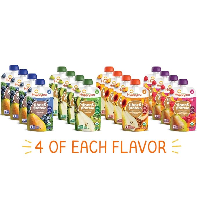 Happy Tot Organics Stage 4 Baby Food Pouches, Gluten Free, Vegan Snack, Fiber & Protein Fruit & Veggie Puree, Fruit & Veggie Variety Pack, 4 Ounce (Pack of 16)
