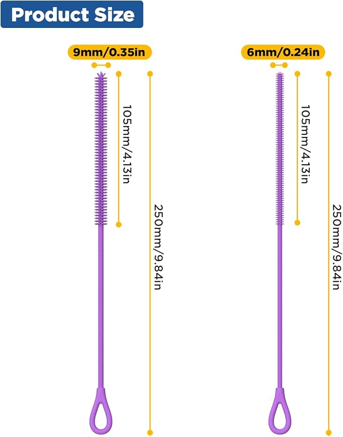 YOTIME Silicone Straw Cleaner Brush, 2Pcs Reusable Straw Brush Extra Long for Cleaning Tumbler with Handle and Glass Metal Smoothie Straws, Non-slip Handle Soft and Bendable, 6mm+9mm, Purple