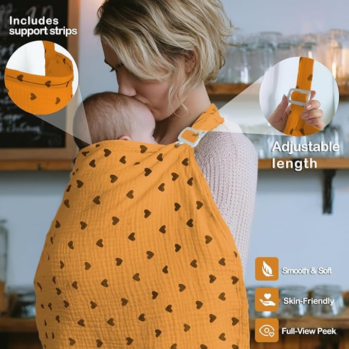 Muslin Nursing Covers for Breastfeeding, Arch Neckline Breast Feeding Covers for Women, Moms Privacy Breathable Summer Nursing Apron, 43.3" x 25.6" Soft Feeding Cover (Orange Green Heart)