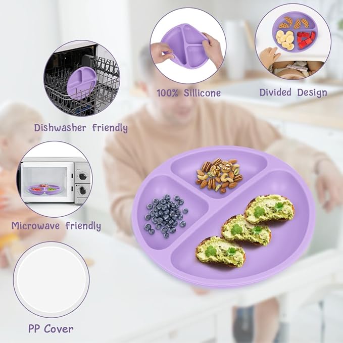 Vicloon Toddler Plates, 3 Pcs Silicone Baby Plates, BPA Free Suction Plates with Lids for Babies and Toddlers, Suction Plate Feature, Divided Plate Design,Toddler Plate Microwave&Dishwasher Safe