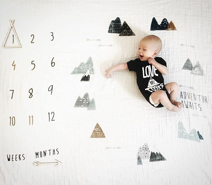 100% Organic Cotton Muslin Monthly Baby Milestone Blanket with Wooden Hello World Newborn Sign, Newborn Photography Props, Birth Announcement Sign, Eucalyptus