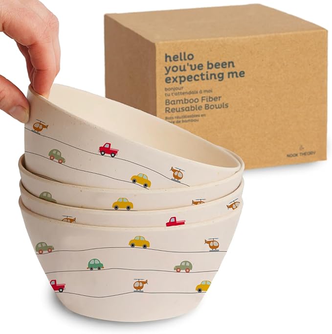 Nook Theory 4 Pack Bamboo Bowls - 22 Oz Reusable Bowl, Dishwasher Safe - Not Microwavable Bamboo Dishes (Vroom)