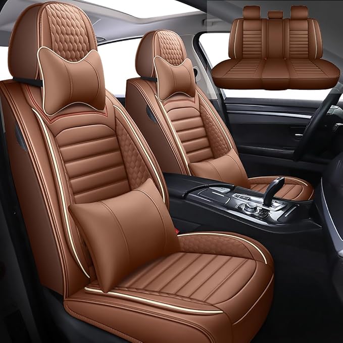 Leather Car Seat Covers for Toyota Corolla 2006-2024,Car Seat Covers Full Set,Seat Covers with Safety,Waterproof Seat Cover Compatible Airbag(5pcs Coffee Luxury)