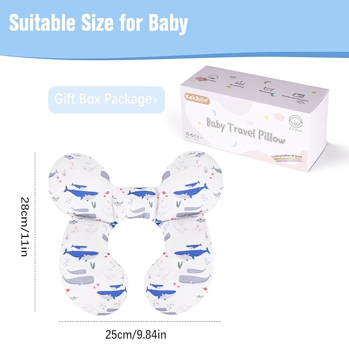 KAKIBLIN Baby Travel Pillow,Upgraded Baby Neck Pillows for Car Seat,Support Pillow,Infant Pillows for Head and Neck,Newborn Head Support for Car Seat,Pushchair (Whale)