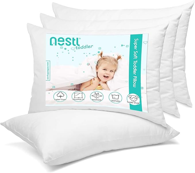 Nestl 4 Pack Toddler Pillow for Sleeping 13 x 18, Small Kids Pillow for Travel, Car, School, Nap, & Toddler Bed, Machine Washable Soft Cotton Toddler Pillow 2 Year Old and Up - White