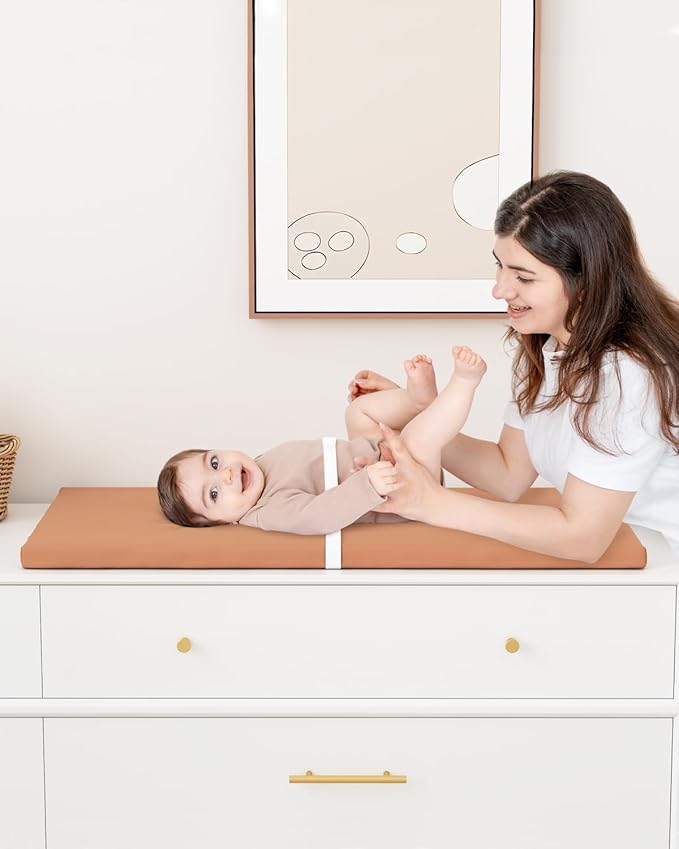 Wipeable Baby Changing Pad for Dresser and Table, Cozy Diaper Changing Pad with Waterproof & Wipe-Clean Leather Cover, Standard Size (31.5" L x 15.8" W), Coffee Color