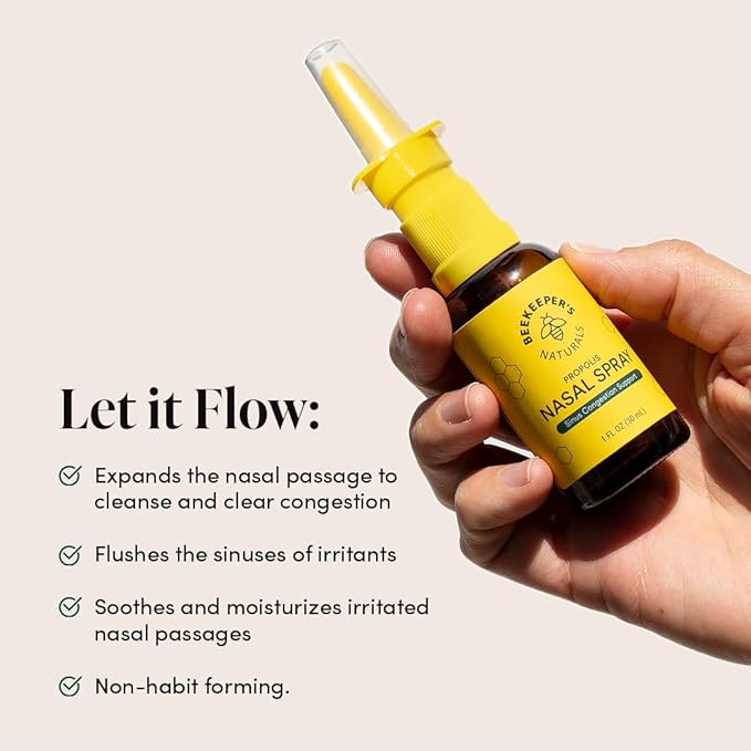 Beekeeper's Naturals Nasal Spray for Adults with Propolis, Xylitol & Saline, Clears Nasal Congestion, Moisturizes Sinus Canal, & Decongest Sinus Cavities, 1 fl oz