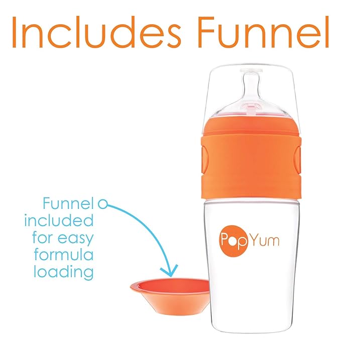 PopYum 9 oz Orange Anti-Colic Formula Making/Mixing/Dispenser Baby Bottle with #2 Medium Flow Nipple, 260 ml, BPA-Free, Natural Latch