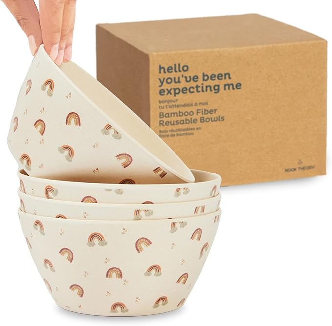 Nook Theory 4 Pack Bamboo Bowls - 22 Oz Reusable Bowl, Dishwasher Safe - Not Microwavable Bamboo Dishes (Rainbow)