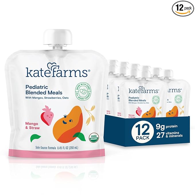 KATE FARMS Organic Pediatric Blended Meal, Mango and Strawberry, 8g protein, organic whole foods, oral or tube feed nutrition, Gluten Free, Non-GMO, 8.45 oz (12 Pack)