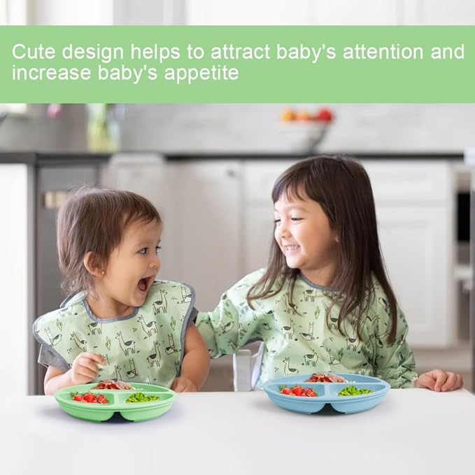 Vicloon Toddler Dishware Plate, 2 Pcs Silicone Plate with Divided Compartments, Suction Plates for Babies & Toddlers, BPA Free, Microwave & Dishwasher Safe, Includes Lids