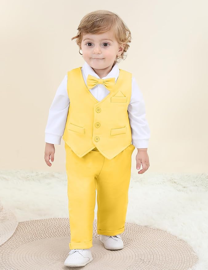 A&J DESIGN Baby Boy Suits Clothes Infant Toddler Formal Gentleman Outfits, Dress Shirt + Vest + Bow Tie + Pants Wedding Set