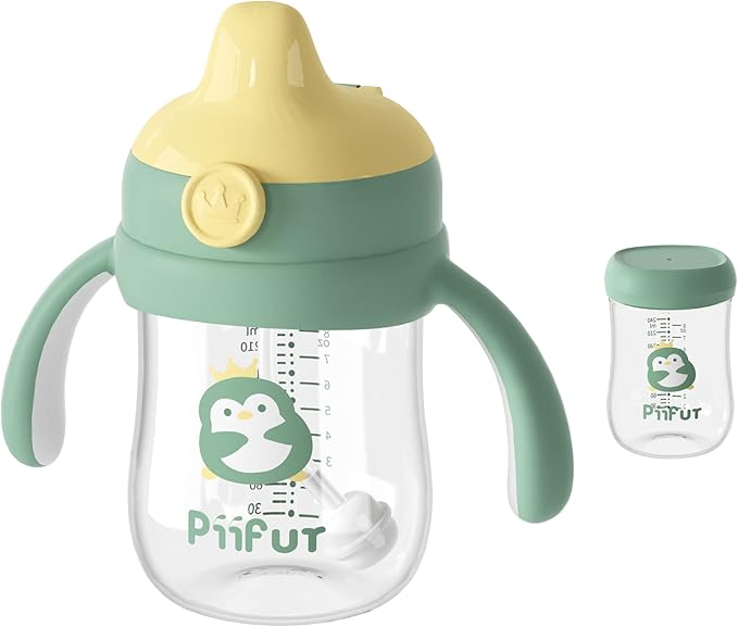 Piifur Tritan Sippy Cup with Storage Lid for 6-18 Months Leak Proof, Weighted Straw Learner Cup with Handle for Baby 8 Ounce (Green)
