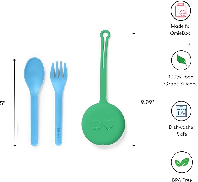 Omie OmieBox Kids Utensils Set with Case - 2 Piece Plastic, Reusable Fork and Spoon Silverware with Pod for Kids (Mint Green)