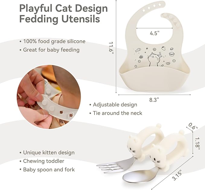 Portable Baby Plates with Suction, 6Pcs Travel Silicone Feeding Set for Toddlers, Foldable, Non-Slip Dishwasher Safe Plates & Utensils, BPA Free, Cat Design Gift Ready (Beige)