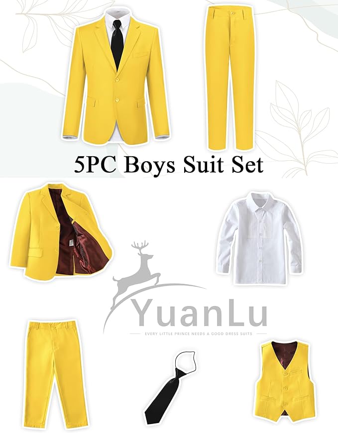 YuanLu Boys Suit for Kids Tuxedo Wedding Ring Bearer Outfit, 5 Piece Boy Slim Fit Formal Suits with Adjustable Waist