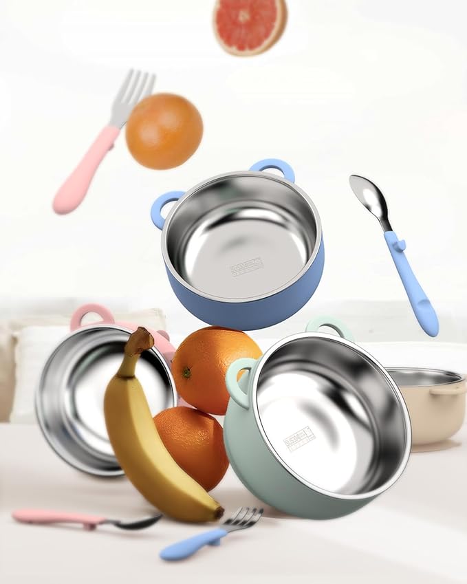 Toddler Bowls with suction & Utensils Set, 2-in-1 Stainless Steel 304 Kids Feeding Bowl & Silicone Suction Baby Bowl with Spoons and Forks, First Self-feeding Training Set, Organic Bloom
