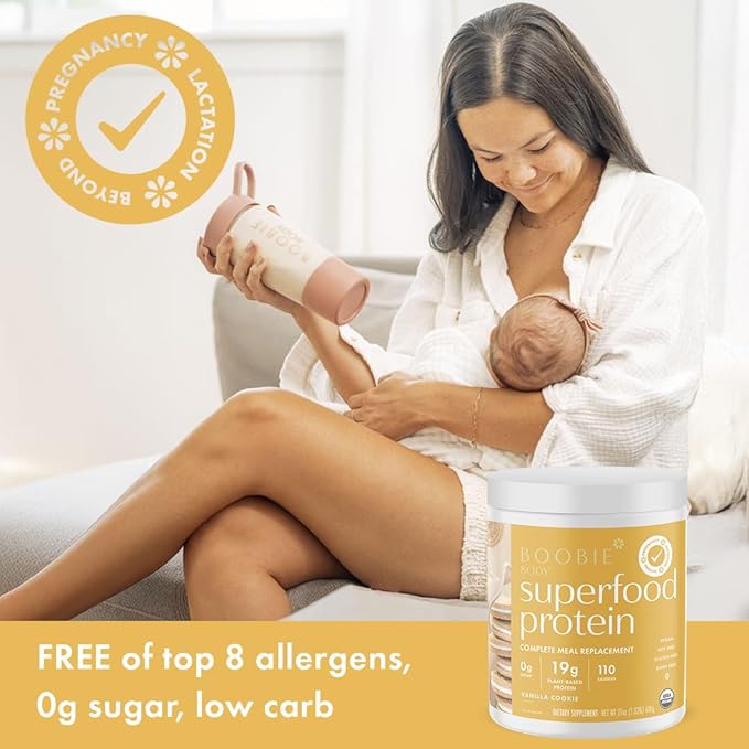 Boobie Body Superfood Protein Pregnancy and Postpartum Meal Replacement Shake, Vanilla Cookie Flavor | 19g Protein | Safe for Lactation & Motherhood | Organic, Vegan, Zero Sugar, 1 Tub (20 Servings)