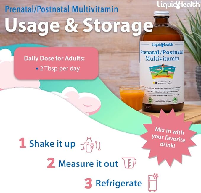 LIQUIDHEALTH Prenatal/Postnatal Multiple Liquid Women's Multivitamin with Real Folate - Pre & Postnatal Vitamins for Before, During, After Pregnancy - Made in USA, Vegan, Sugar-Free, Non-GMO (2 Pack)