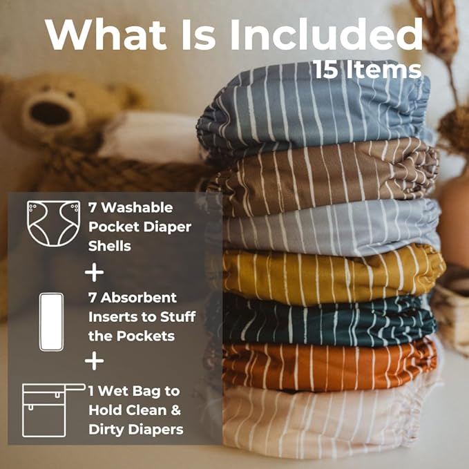 Nora's Nursery Cloth Diapers 7 Pack with 7 Inserts & 1 Wet Bag - Waterproof Cover, Washable, Reusable & One Size Adjustable Pocket Diapers for Newborns and Toddlers - Cali Coastal