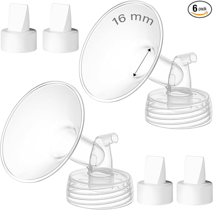 6PCS 16mm Breast Pump Flanges, Duckbill Valves Compatible with Spectra S1/S2/9Plus/Synergy Gold, Motif Luna, Wide-Mouth Bottle Fit, Breast Pump Accessories