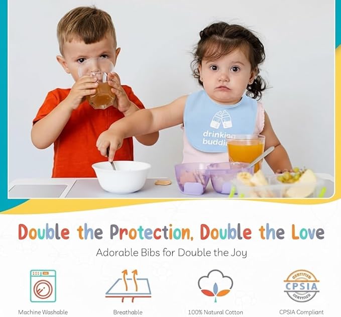 100% Cotton Drinking Buddies Twin Bibs Cute & Practical Unisex Bibs for Twins with Waterproof, Durable, for Everyday Use